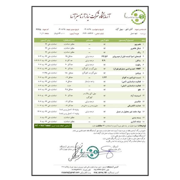 برگه آزمایش عسل چهل گیاه